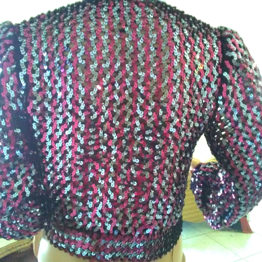 VINTAGE SEQUINED CROP JACKET SHEER UNIQUE BUTTONS BY HARRY ACTION QUILTED BEAUTY - Picture 8 of 11
